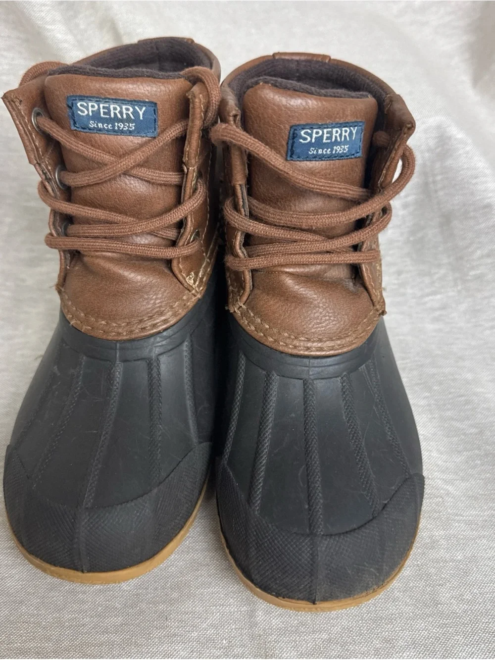Sperry Kids Brown and Black Waterproof Duck Boots with Tan Outsole